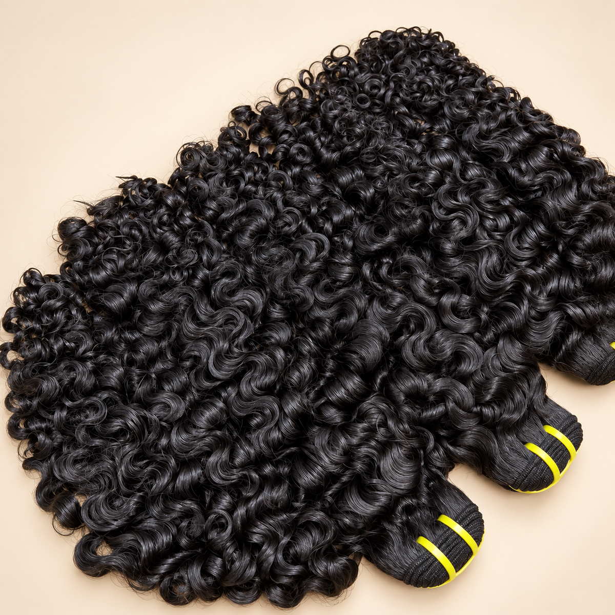 The Allure Premium Virgin Burmese Curly bundles laid out on warm cream background