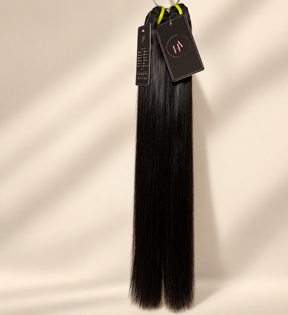 Hair Addiction Premium Virgin Straight bundles with reduced flyaways on warm cream background